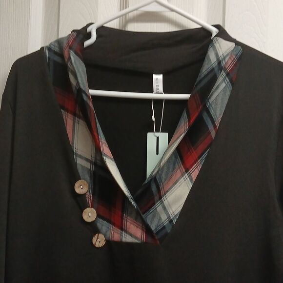 DRESSFO Plaid Trim Black Long Sleeve Top COWL NECK OR NOT! Size XL NWT - Picture 3 of 12
